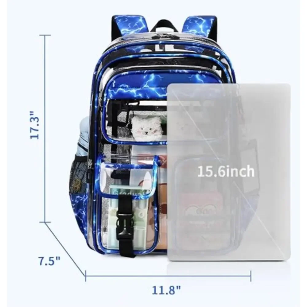 Heavy Duty Clear Transparent Backpack Stadium Bag School Bookbag- Blue Lightning